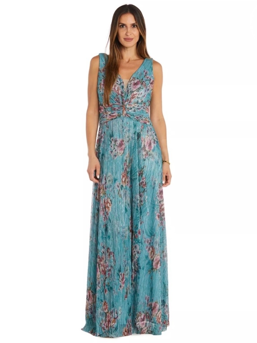 R & M Richards Women's Metallic Floral Print Sleeveless Gown Turquoise Sz 12
